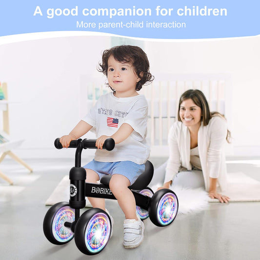 Bobike balance bike side view highlights a sturdy four-wheel design for toddlers.
