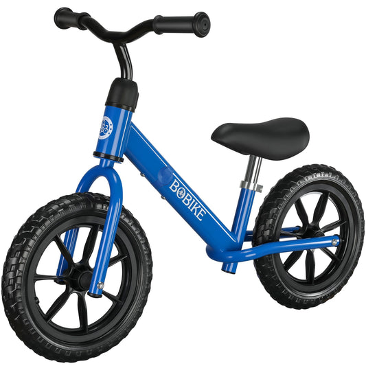 Bobike blue frame balance bike in a child-friendly learning stance, sturdy blue frame for growing kids.