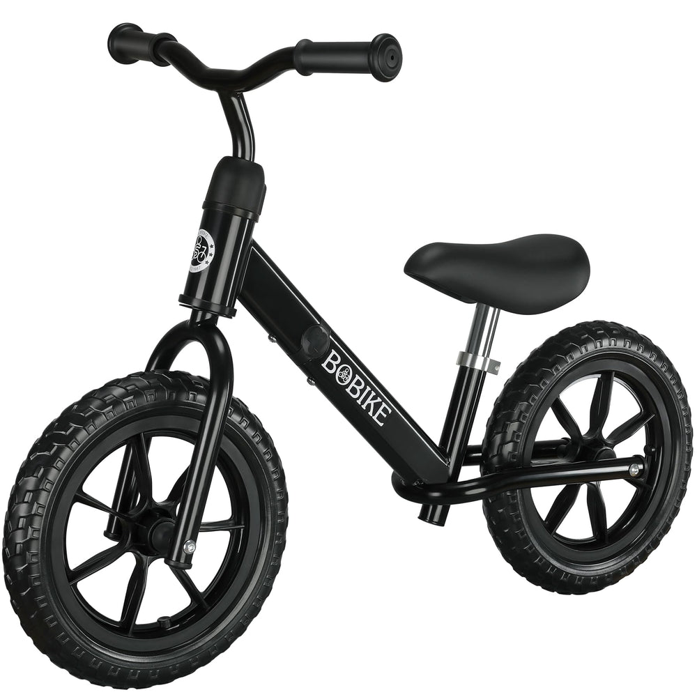 Bobike toddler balance bike front view showing sturdy carbon steel frame for growing riders.