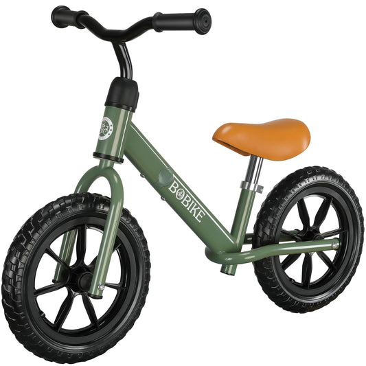 Bobike toddler balance bike in green frame invites kids to explore balance safely.