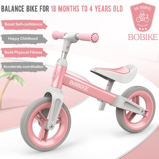 Bobike Toddler Balance Bike pink side view shows kid-friendly outdoor exploration