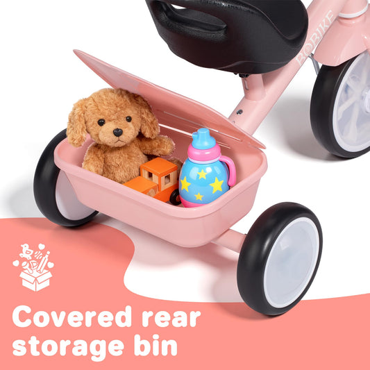 Bobike toddler tricycle rear basket stores toys during adventures.