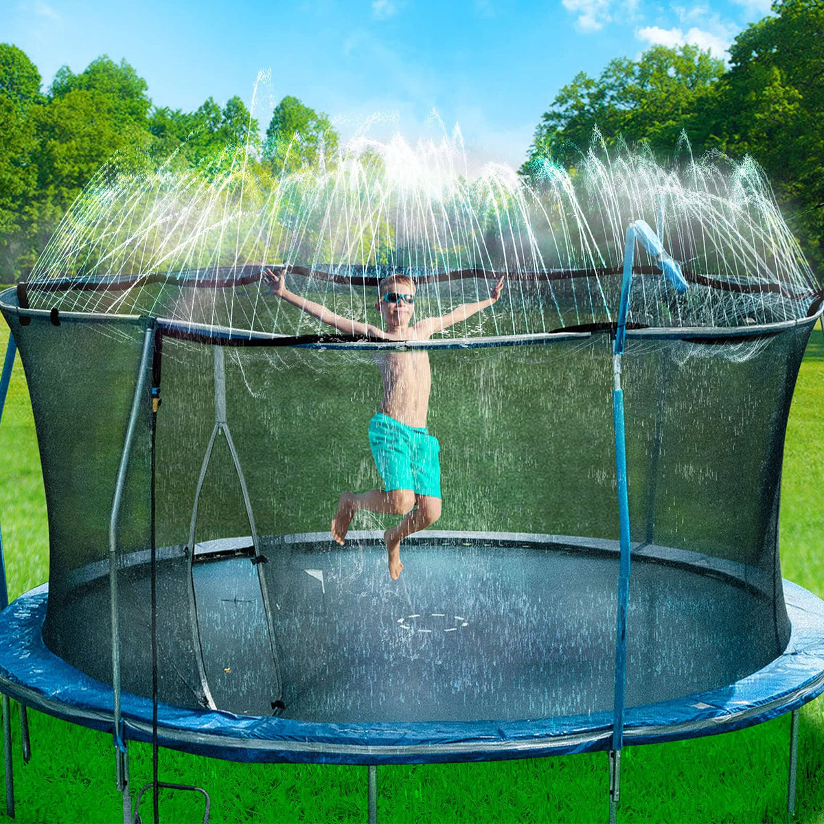Bobor trampoline sprinklers being installed with the band around the frame for quick setup and secure fit.