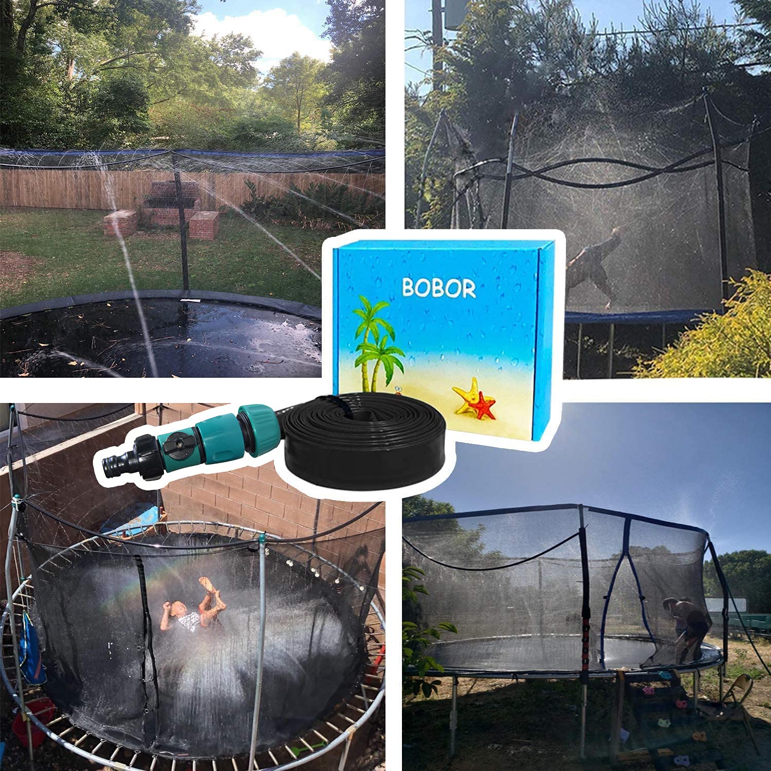 Bobor sprinklers spray a water stream over the trampoline to cool playtime.