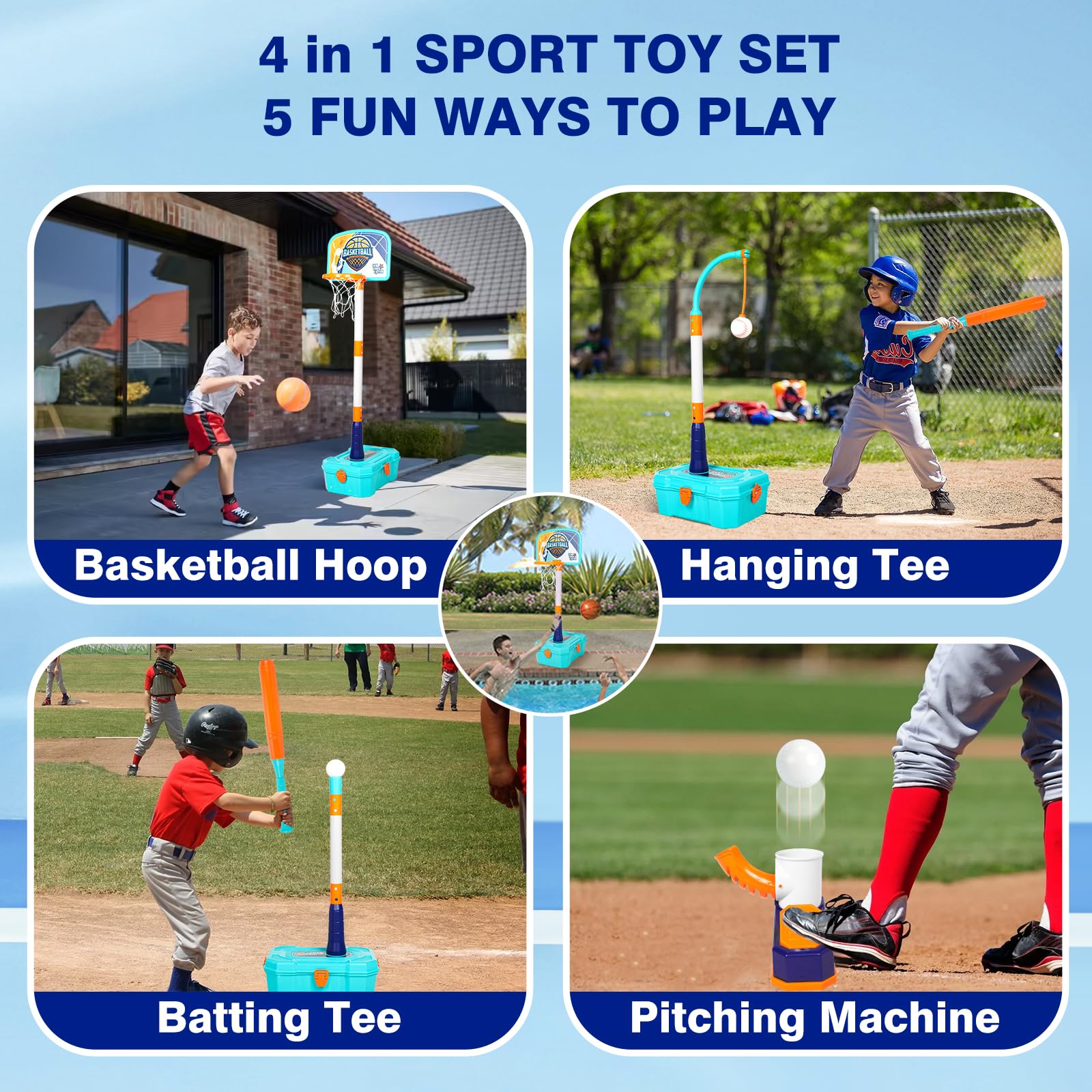 BOBUEXER 4-in-1 hoop with T-ball attachment for varied activities.