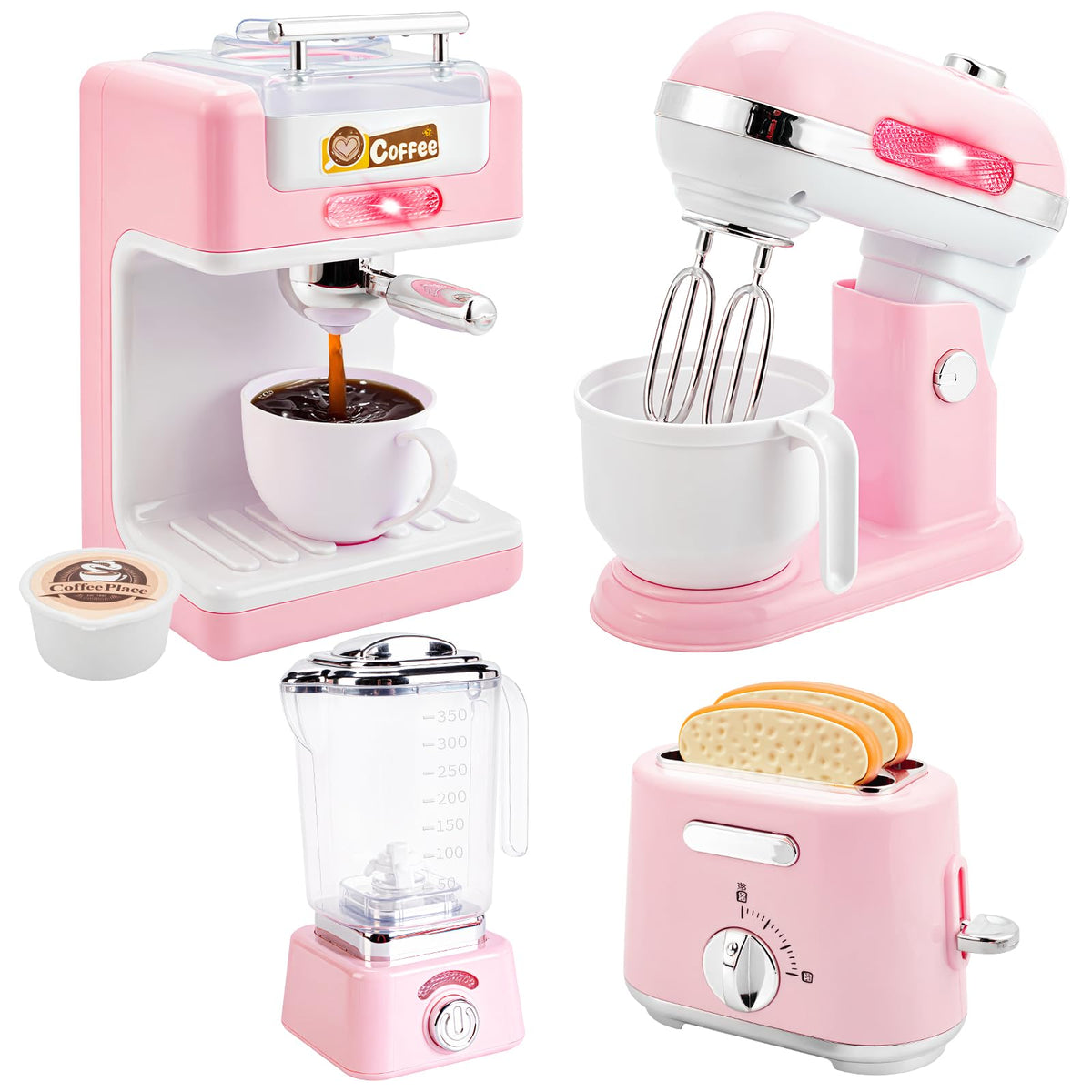 BOBUEXER play kitchen coffee maker in action with glowing lights for immersive pretend play.