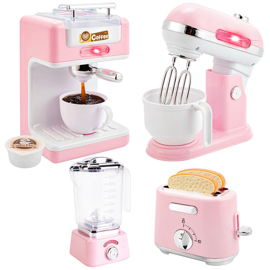 BOBUEXER play kitchen coffee maker in action with glowing lights for immersive pretend play.