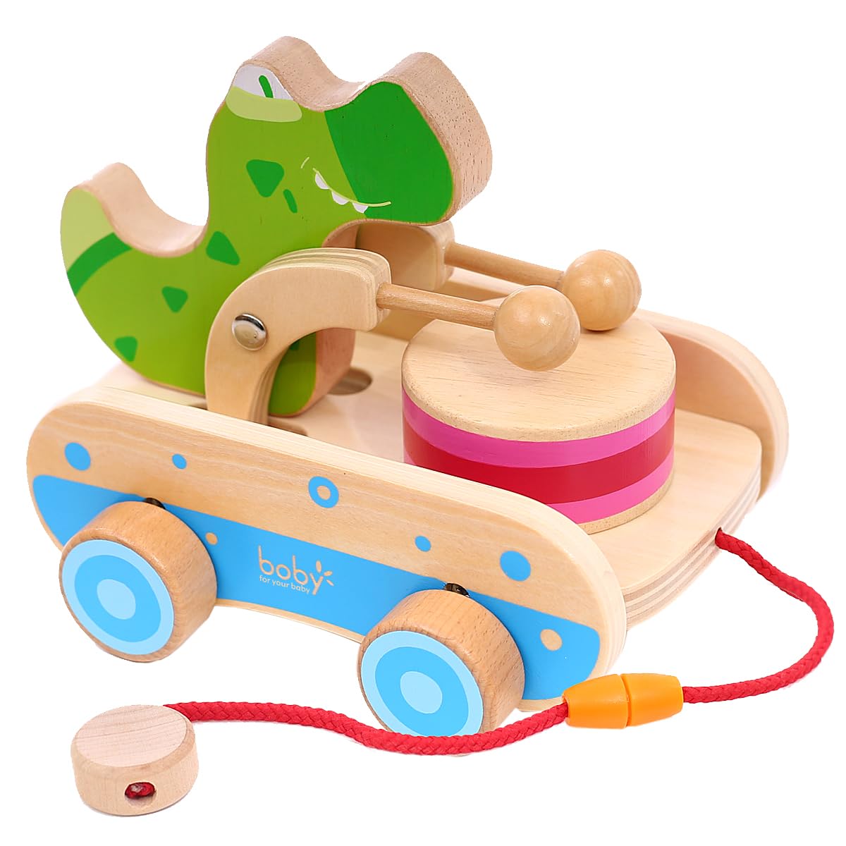 Boby crocodile pull toy with drum encourages walking and imaginative play.