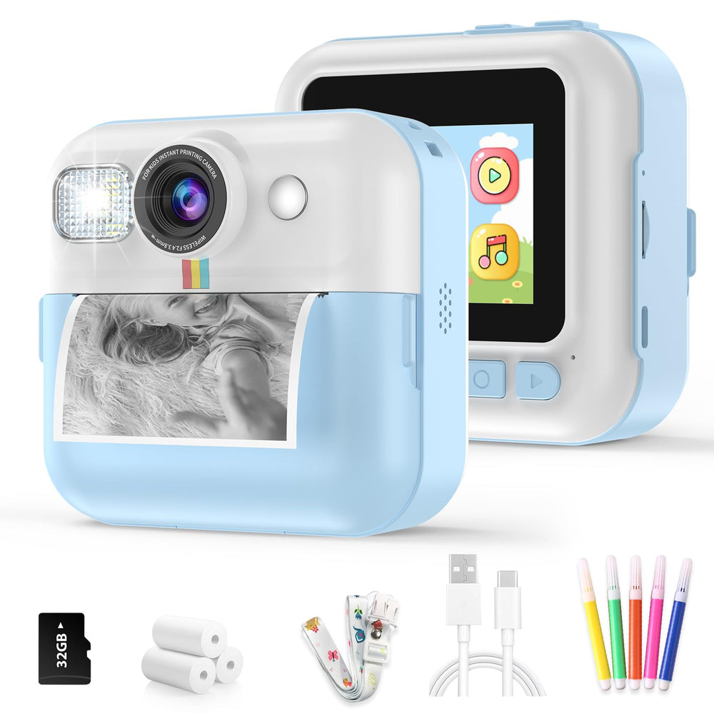 BOFIDAR kid camera blue front view, compact and easy to carry for adventurous kids.