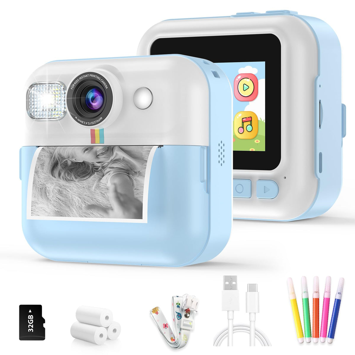BOFIDAR kid camera blue front view, compact and easy to carry for adventurous kids.