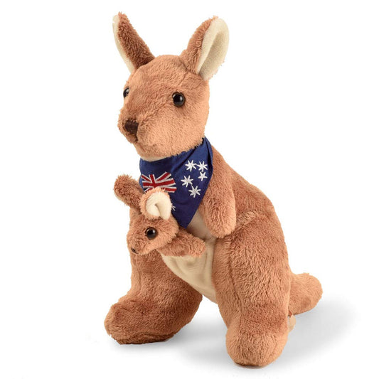 BOHS plush kangaroo with Australia scarf, cozy scarf detail, ideal as a comforting travel companion.