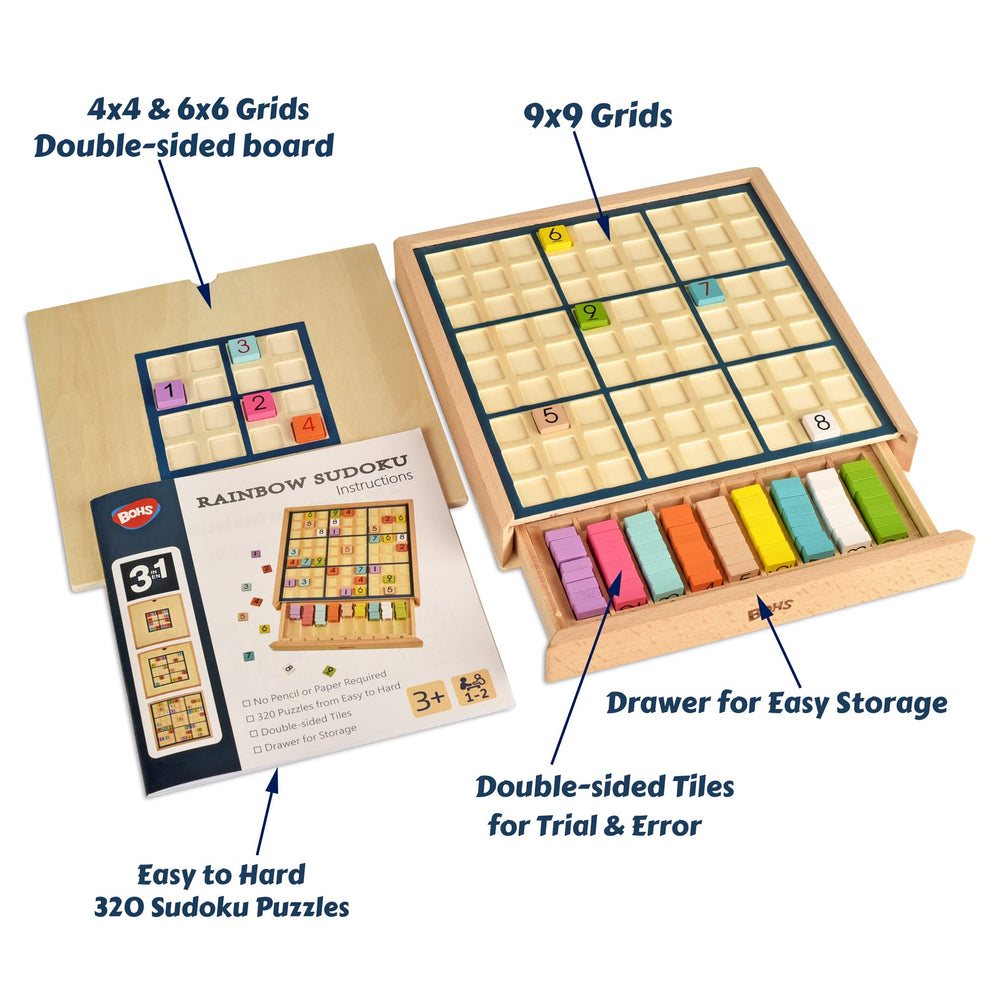 BOHS wooden rainbow Sudoku Puzzle 6x6 grid for teens and adults improves logical thinking.