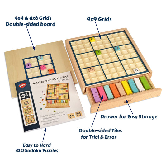 BOHS wooden rainbow Sudoku Puzzle 6x6 grid for teens and adults improves logical thinking.