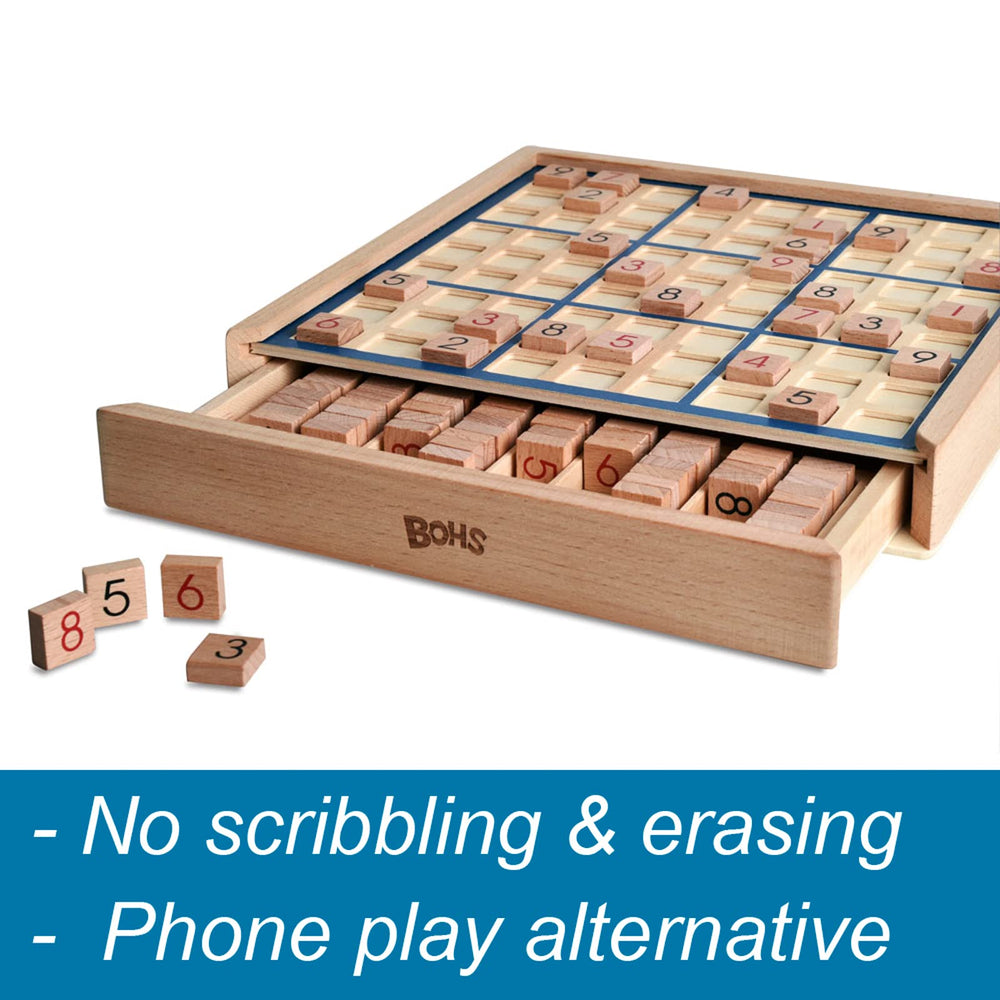 BOHS double‑sided wooden tiles enable trial and error without erasing.