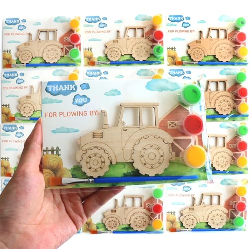 Boikoky 12-pack wooden tractors ready for painting at a farm-themed party