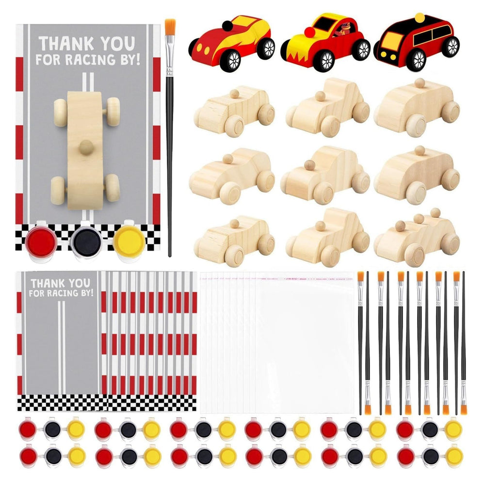 BOIKOKY Racecar painting kit wooden cars ready to personalize for take-home party favors.