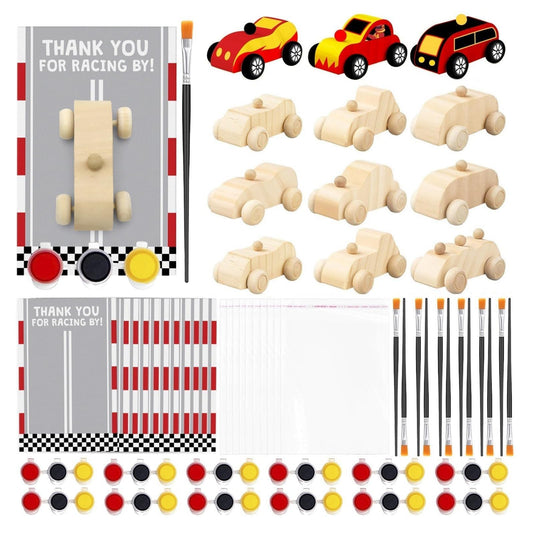 BOIKOKY Racecar painting kit wooden cars ready to personalize for take-home party favors.