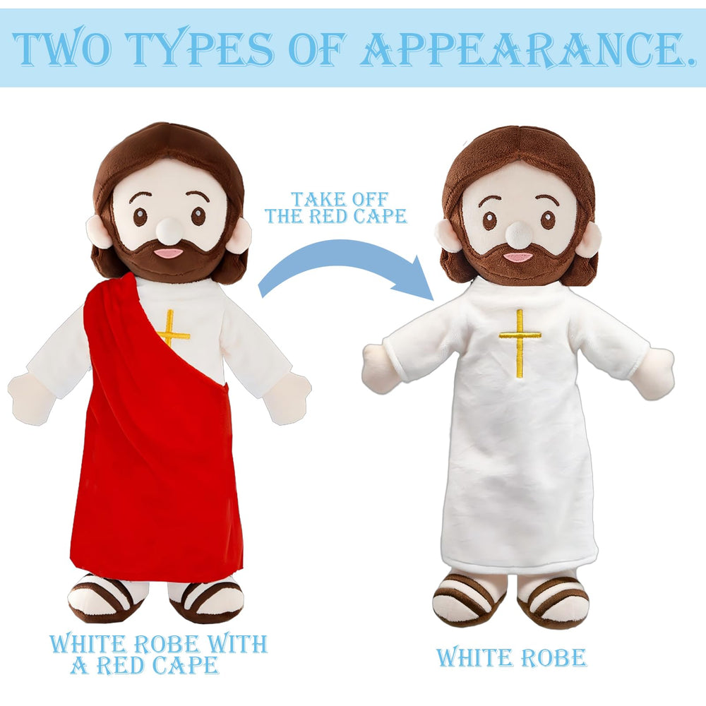 BOKUFLY Jesus Plush Doll with cross embroidery on robe for faith-inspired decor.