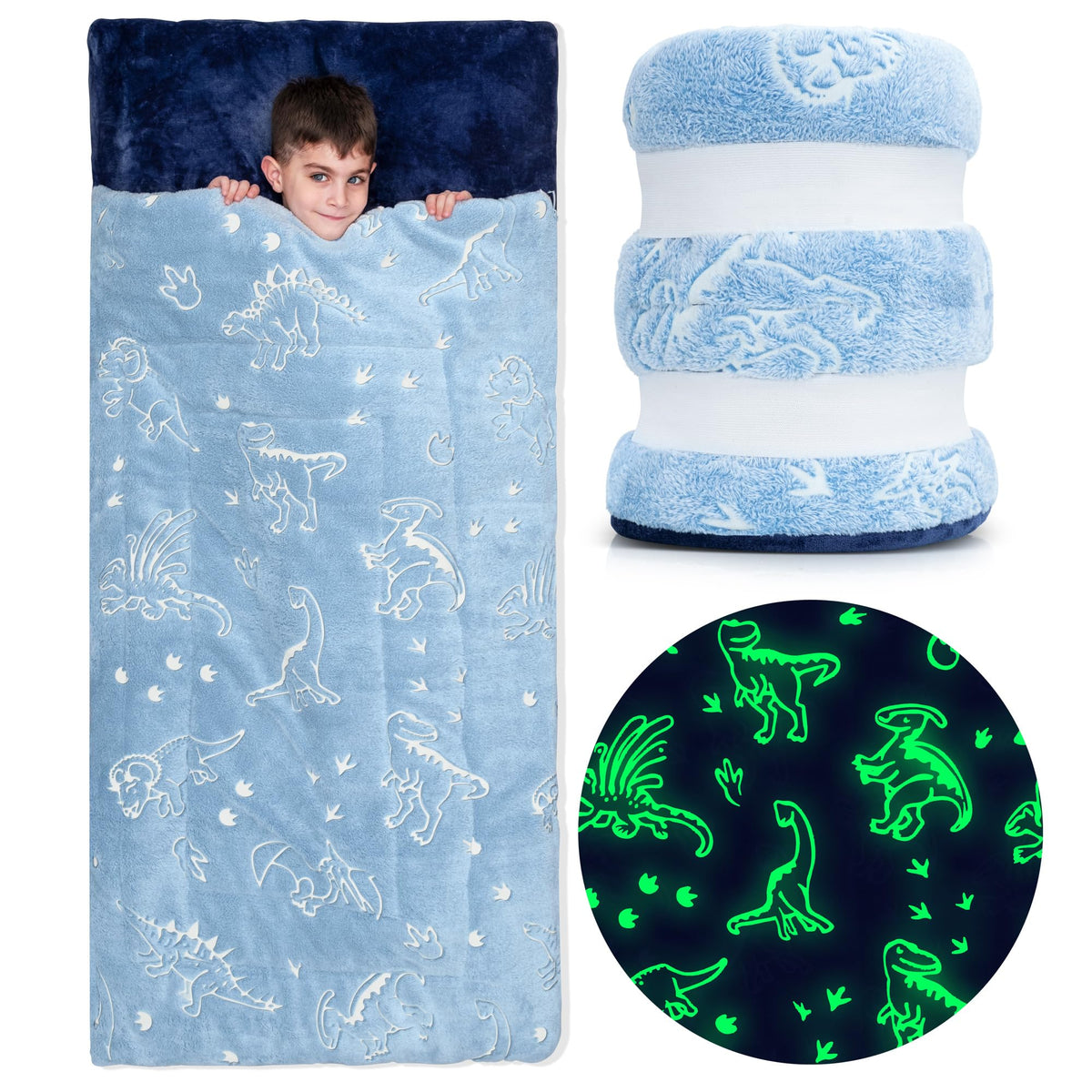 Bollepo dinosaur glow-in-the-dark sleeping bag for kids, ideal for sleepovers.