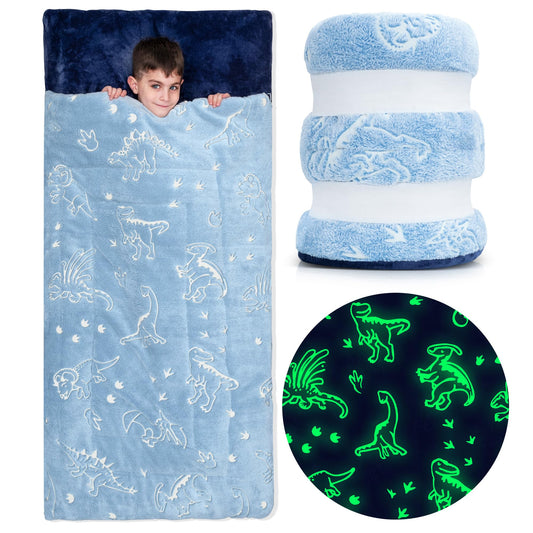 Bollepo dinosaur glow-in-the-dark sleeping bag for kids, ideal for sleepovers.