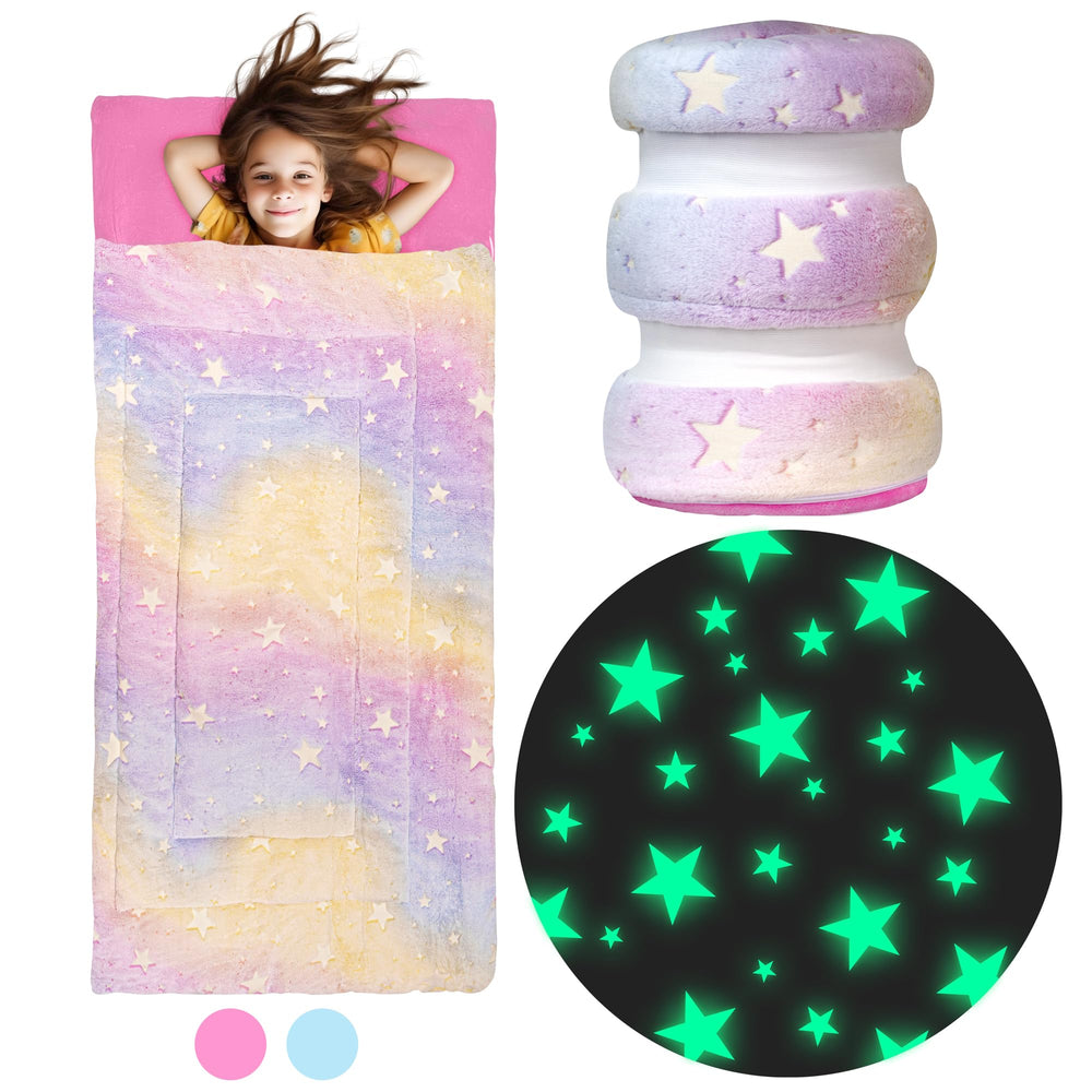 Bollepo Rainbow Glowing Stars sleeping bag for kids, cozy night-time adventures.