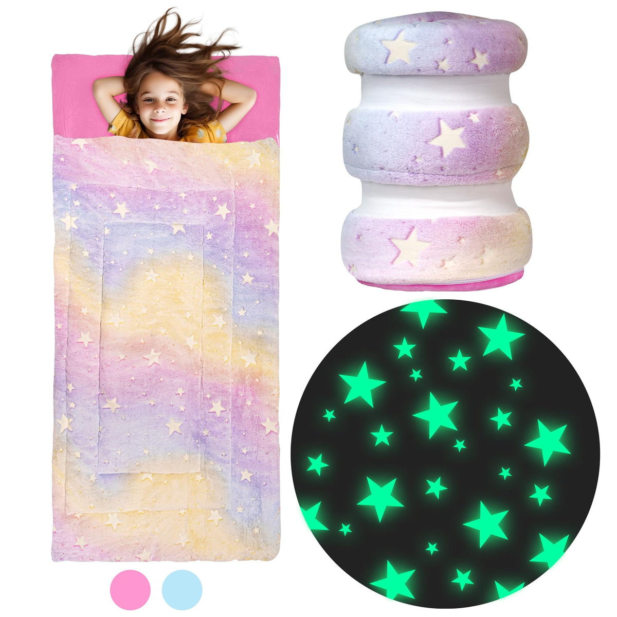 Bollepo Rainbow Glowing Stars sleeping bag for kids, cozy night-time adventures.