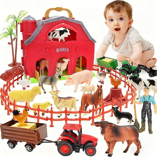BOLZRA Farm Animals Big Red Barn Playset with colorful figures for imaginative pretend play