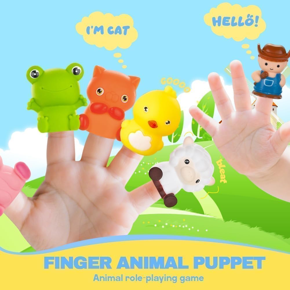 BOLZRA Farm Animals Train Toy: soft rubber animal finger puppets for little hands.