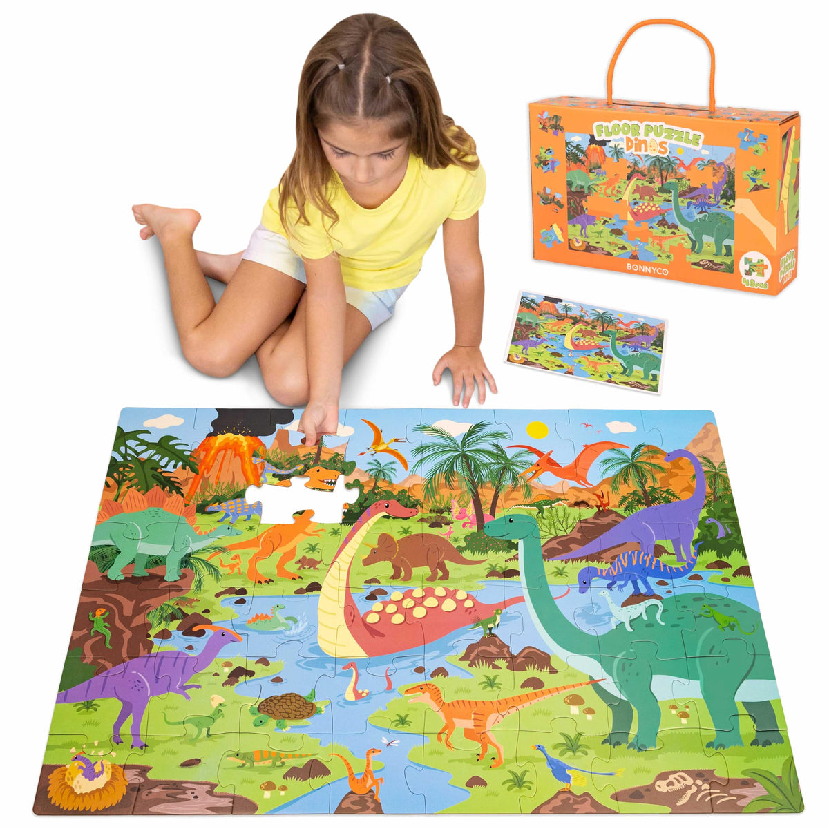 BONNYCO dinosaurs giant floor puzzle laid flat with colorful dinosaurs for exploration