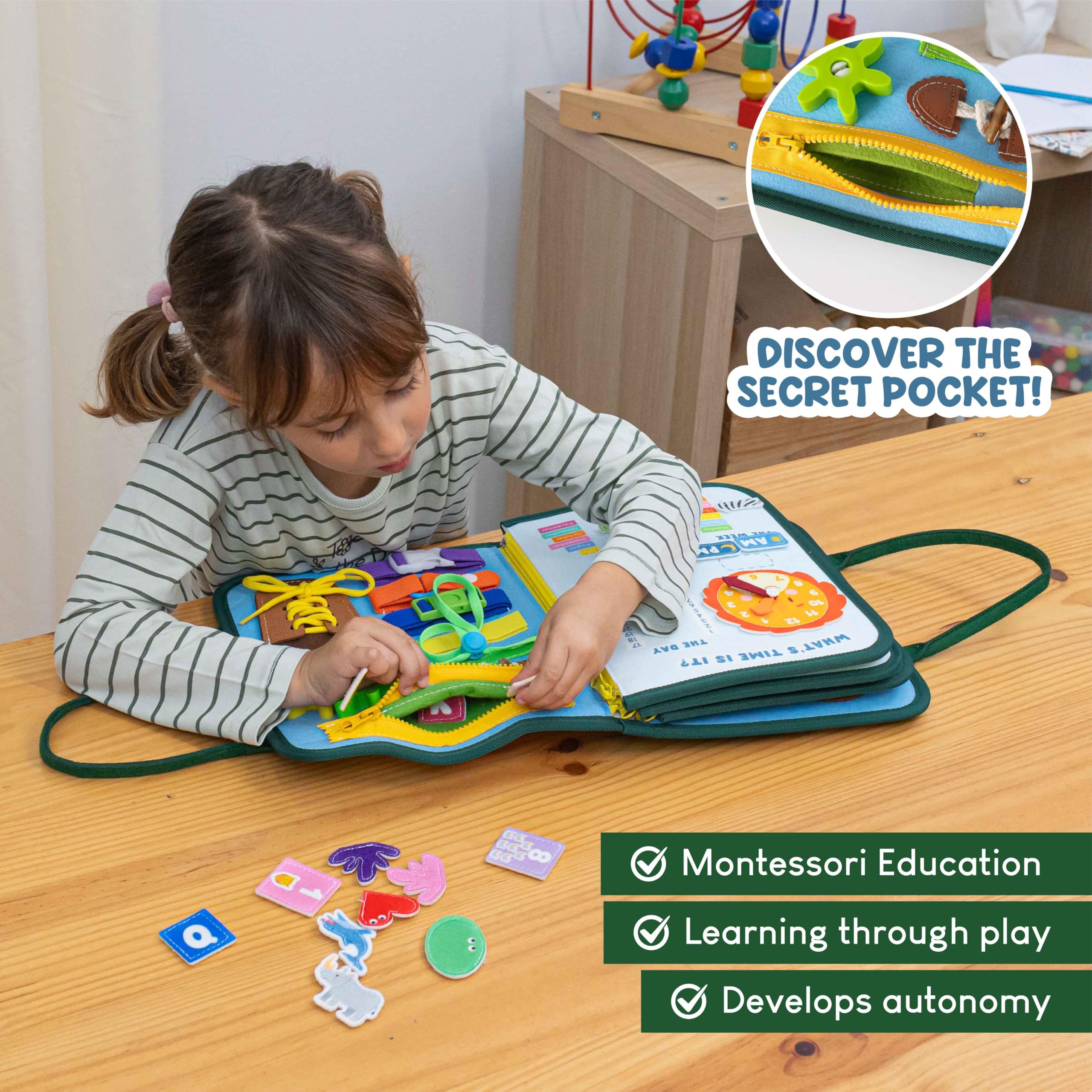 BONNYCO Montessori Busy Board: color and shape labels help toddlers recognize basics during play.