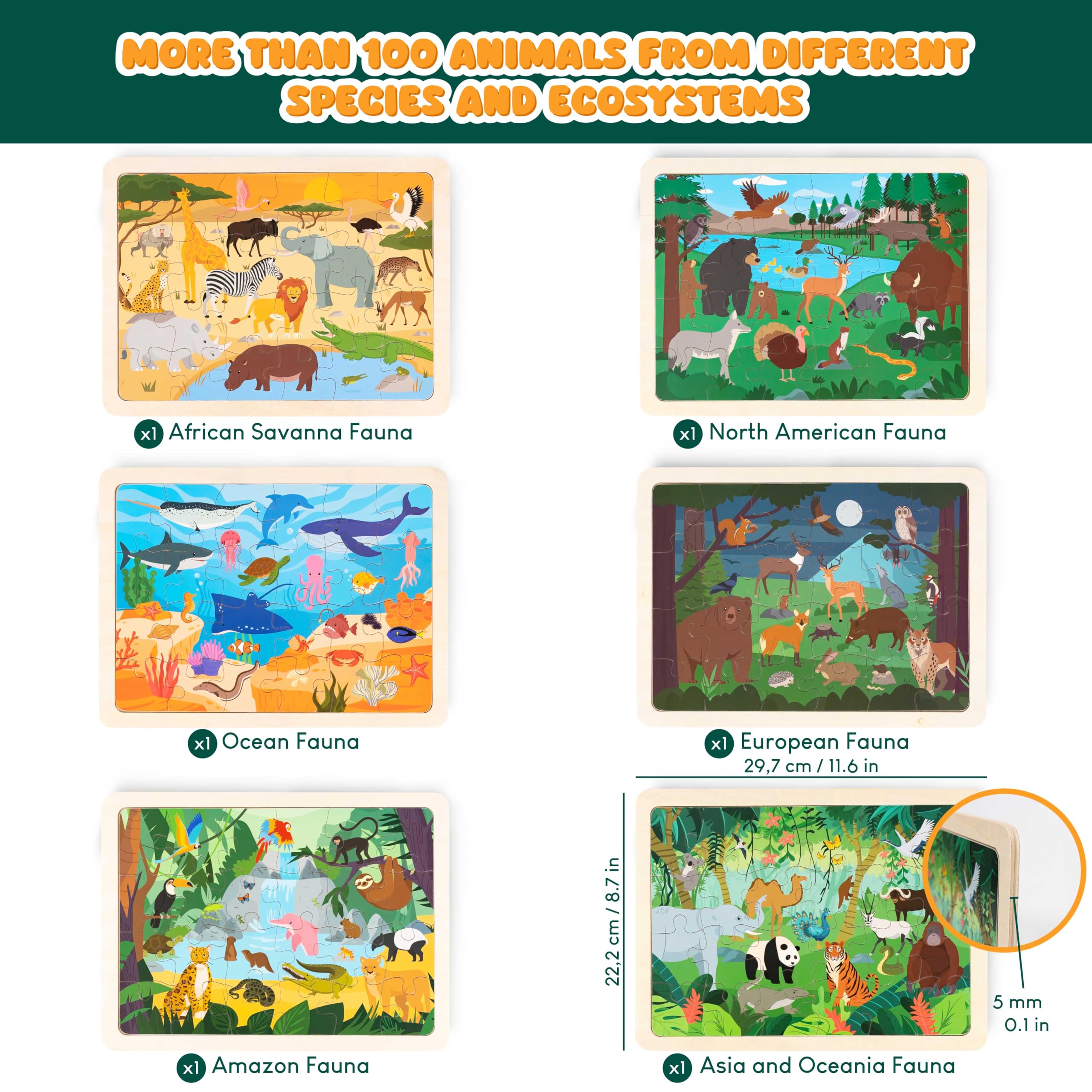 Bonnyco wooden puzzle North American fauna, colorful scene supports imaginative play and geography basics