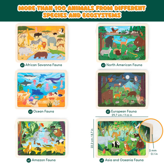 Bonnyco wooden puzzle North American fauna, colorful scene supports imaginative play and geography basics