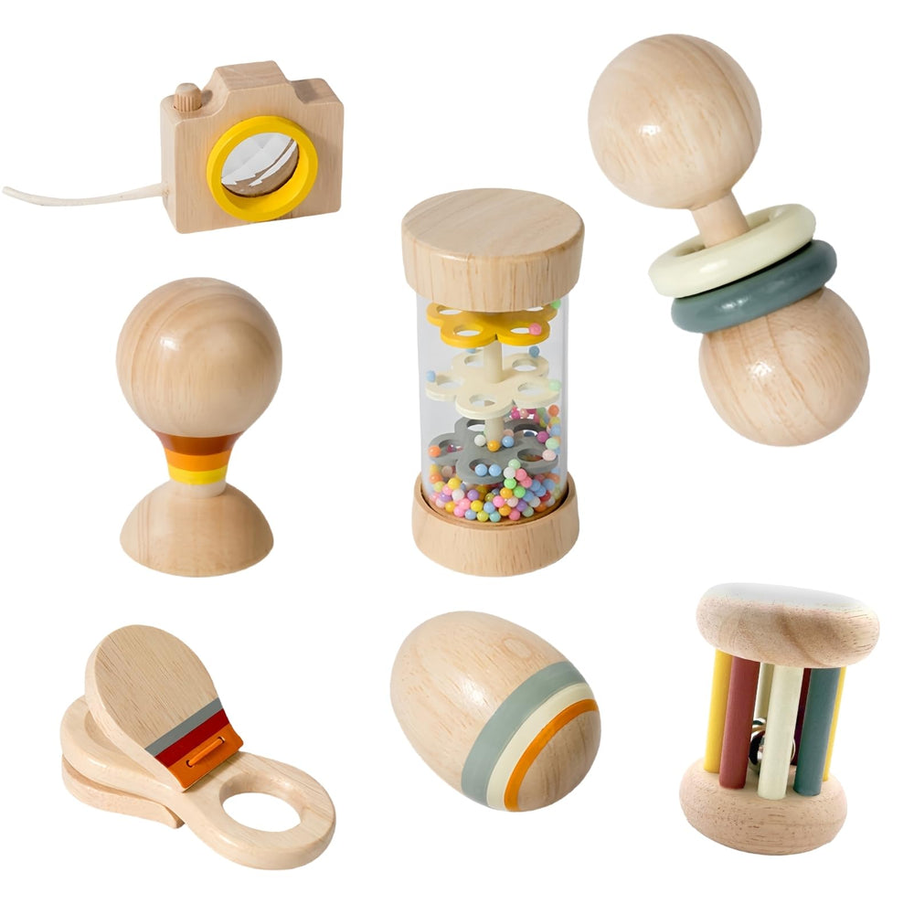 BONOVISTA 7-piece wooden toy set promotes rich sensory play for babies.