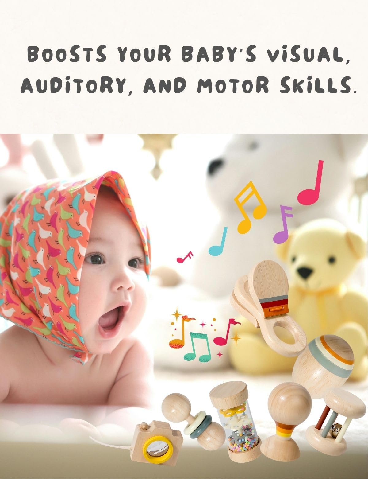 BONOVISTA organic infant rattles provide soft, engaging sounds for early grasping.
