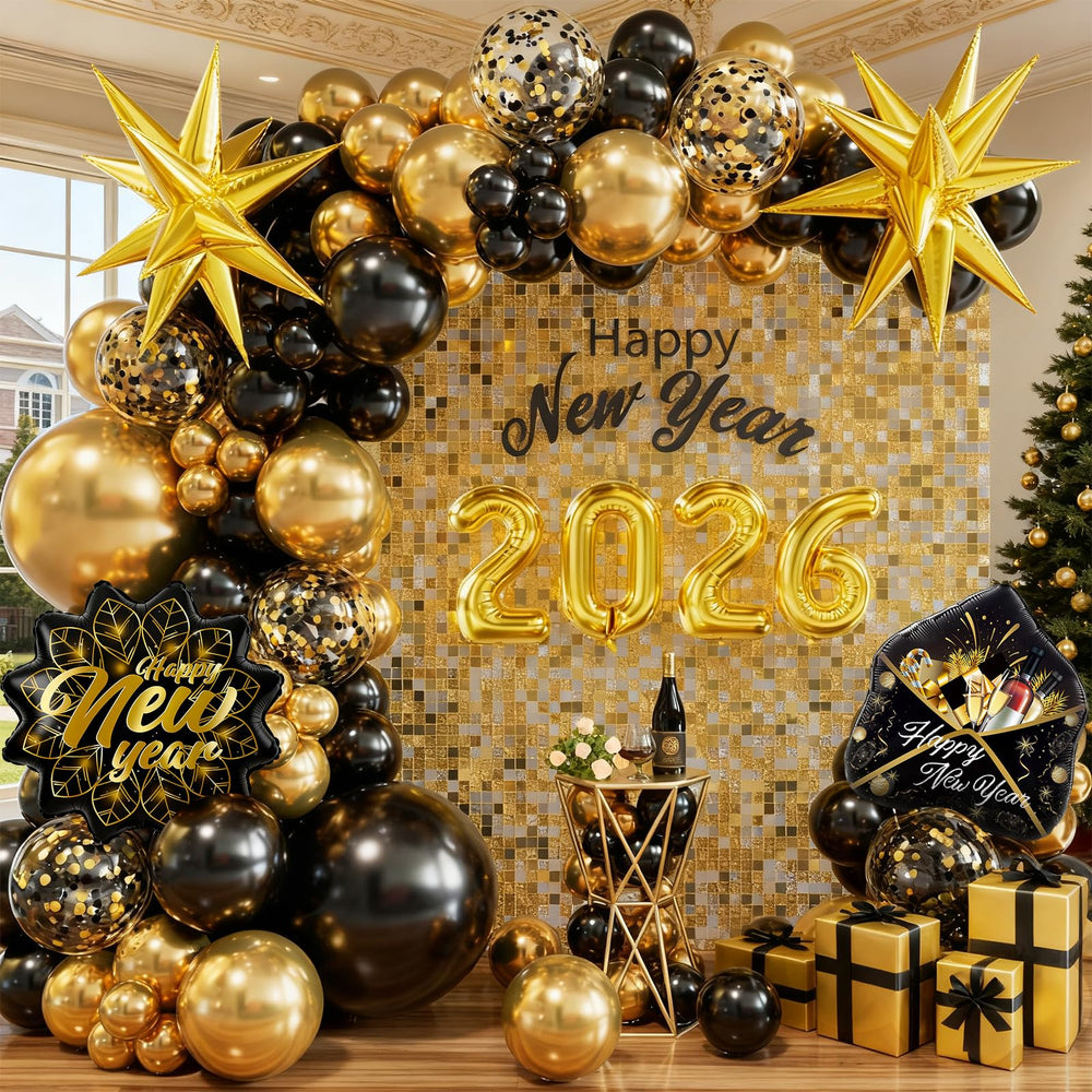 Bonropin Happy New Years arch kit with black balloons creates a bold New Year backdrop