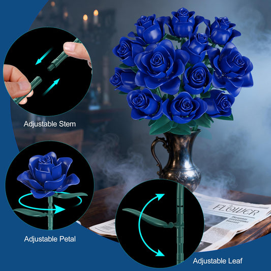 Booyuer blue rose bouquet assembly close-up showing premium bricks for a stable build.