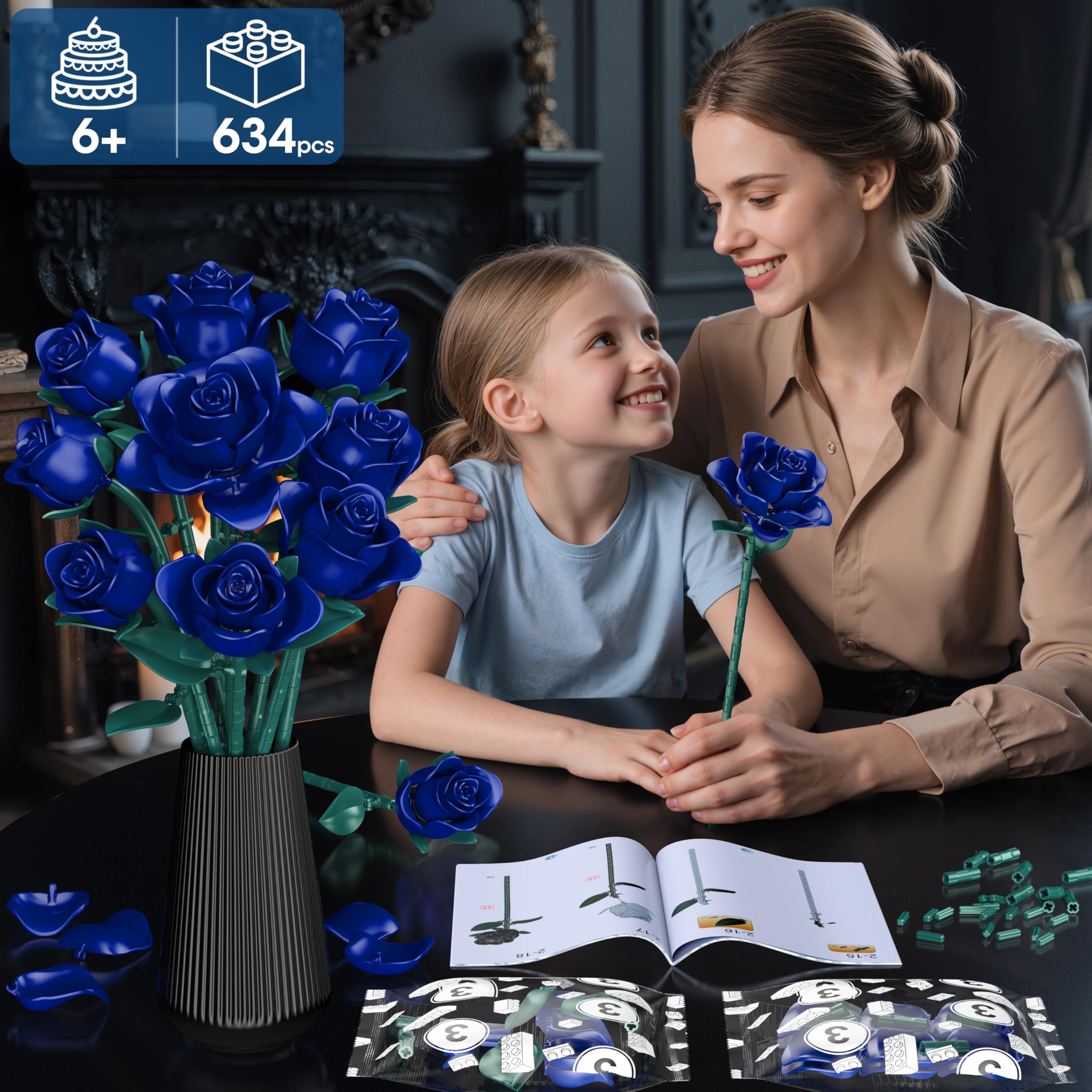 Booyuer blue rose-bricks close-up highlighting smooth ABS plastic and snug fit.