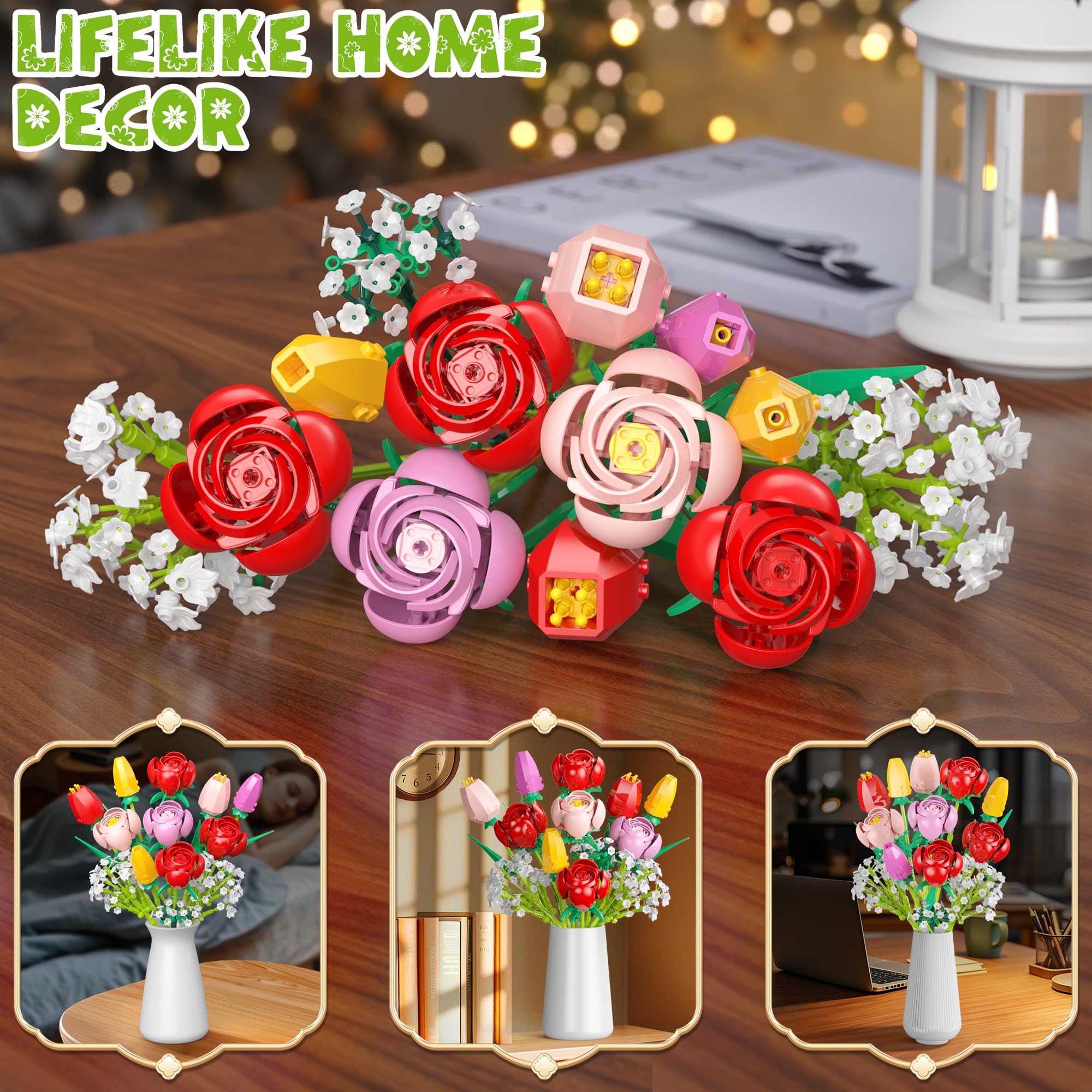 Booyuer Flower Bouquet Building Set fully built bouquet on home office display