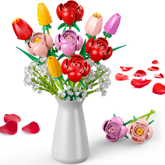 Booyuer Flowers bouquet building set shows red roses and tulips for vibrant home decor