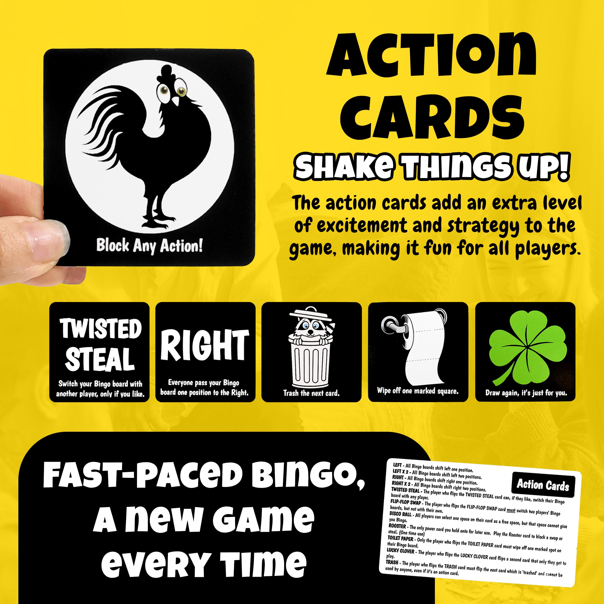 Boozie Bingo action cards on table, adding strategic twists to gameplay.