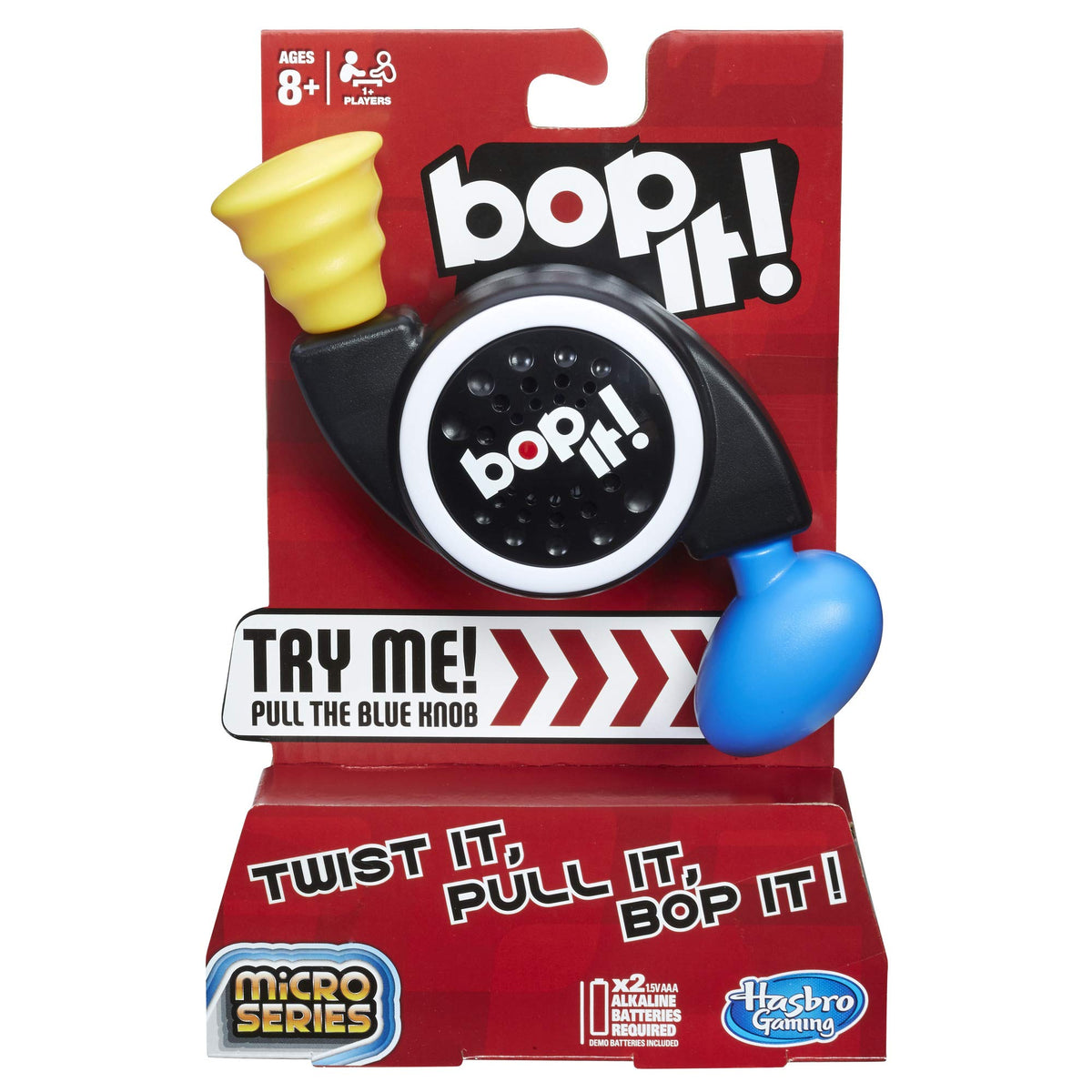 Bop It! Micro Series front view highlighting compact, fast-paced play for on-the-go fun.