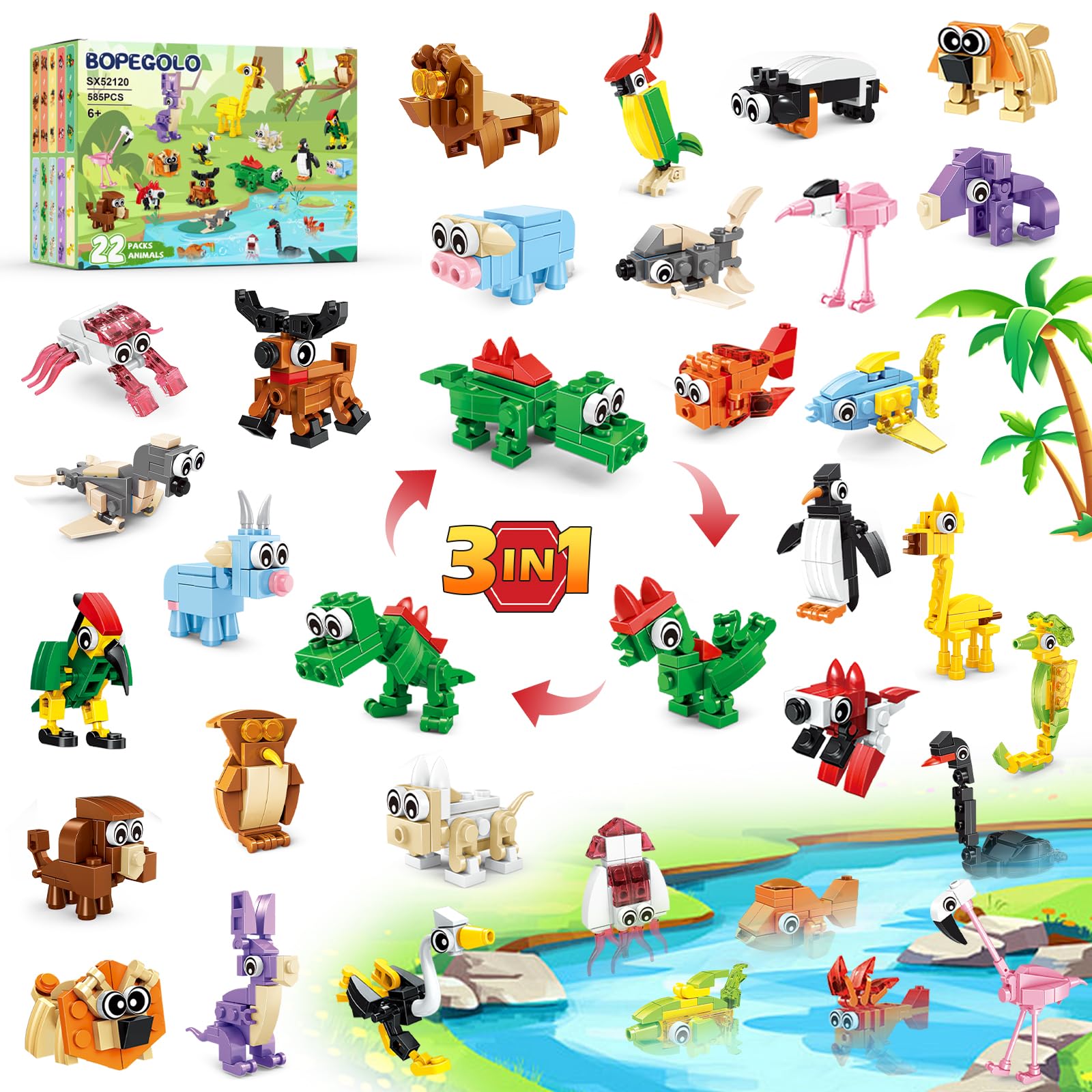 BOPEGOLO 22-pack animal blocks for imaginative play and gifts.