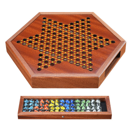 BOPIPA chess-like board with storage drawer keeps marbles organized during gaming.