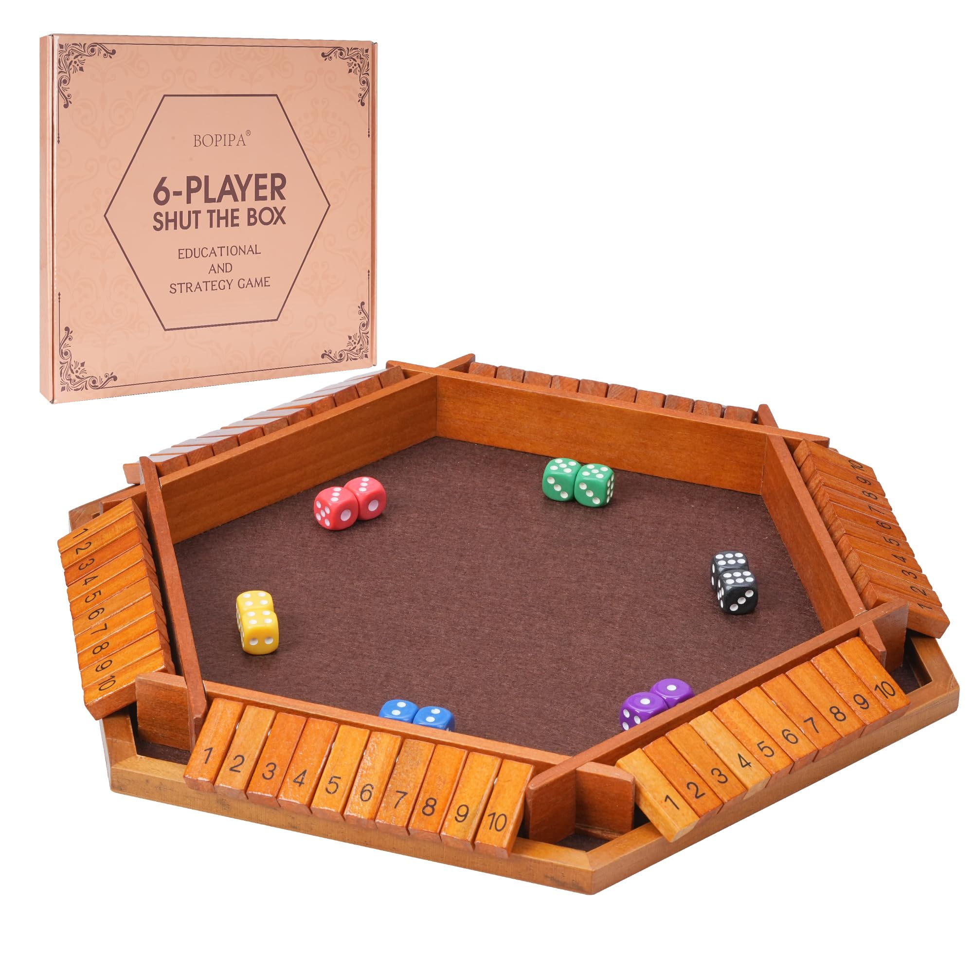 BOPIPA Shut The Box board closeup showing smooth wood and polished finish for family play.