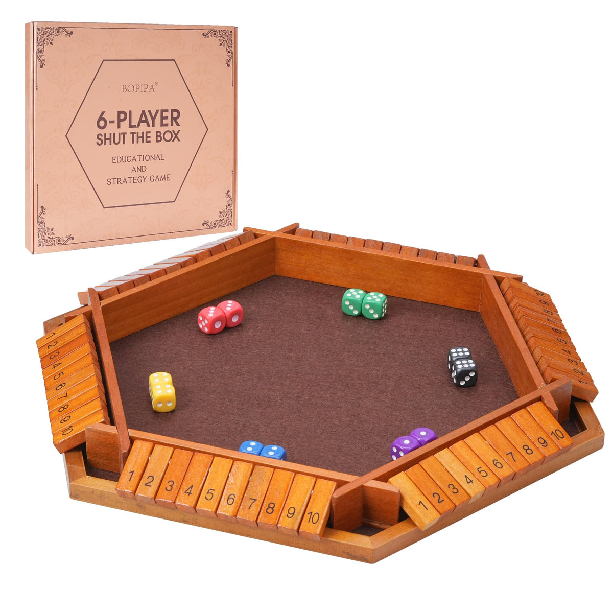 BOPIPA Shut The Box board closeup showing smooth wood and polished finish for family play.