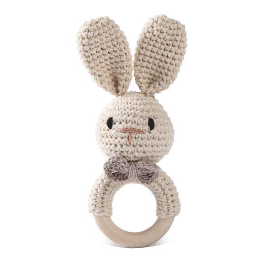 Bopoobo Easter Bunny rattle handle offers sturdy wood for safe grasp and long-lasting play.