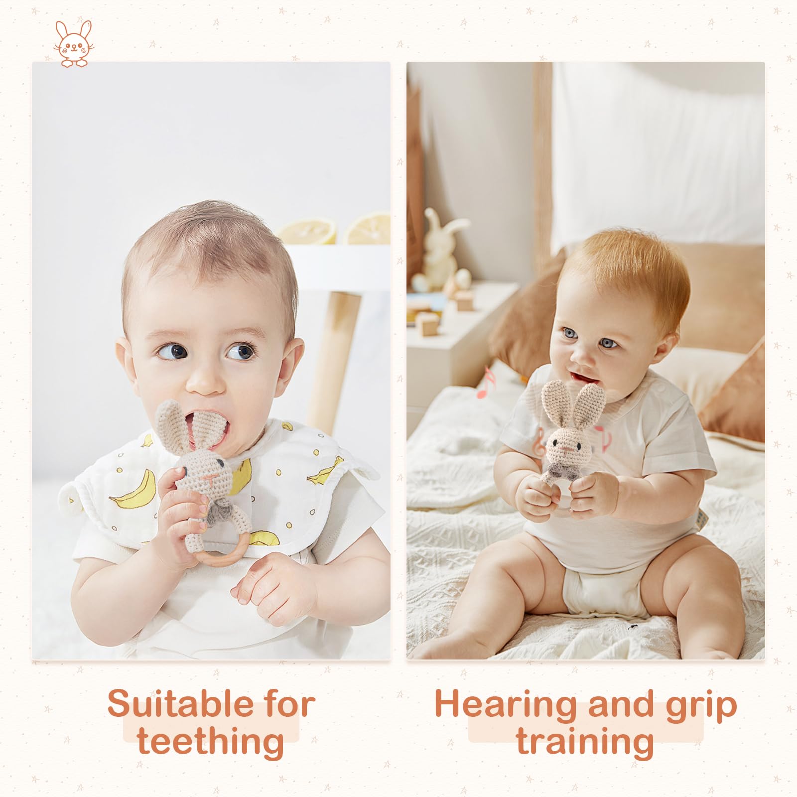 Bopoobo rattle with organic padding provides soft touch against baby's skin.