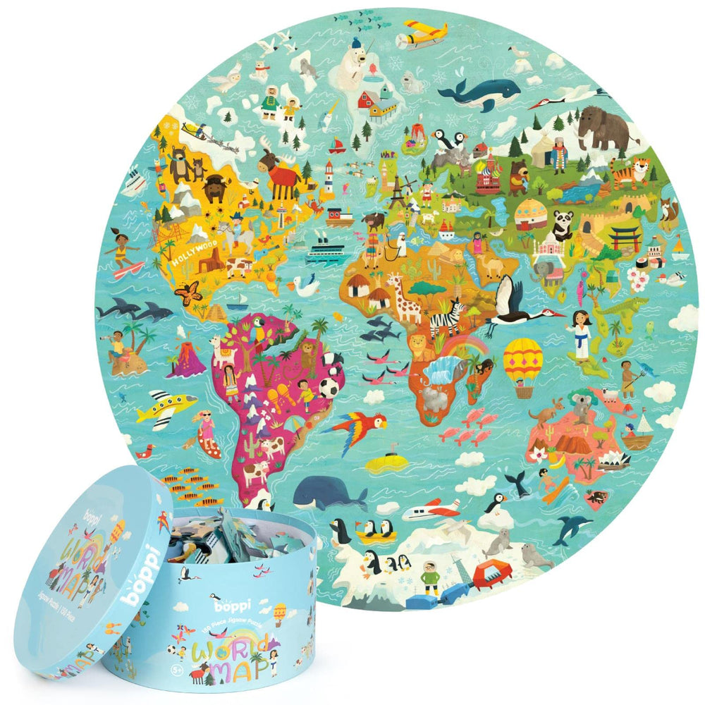Boppi World Map Round Puzzle main image with 150 pieces for geography learning