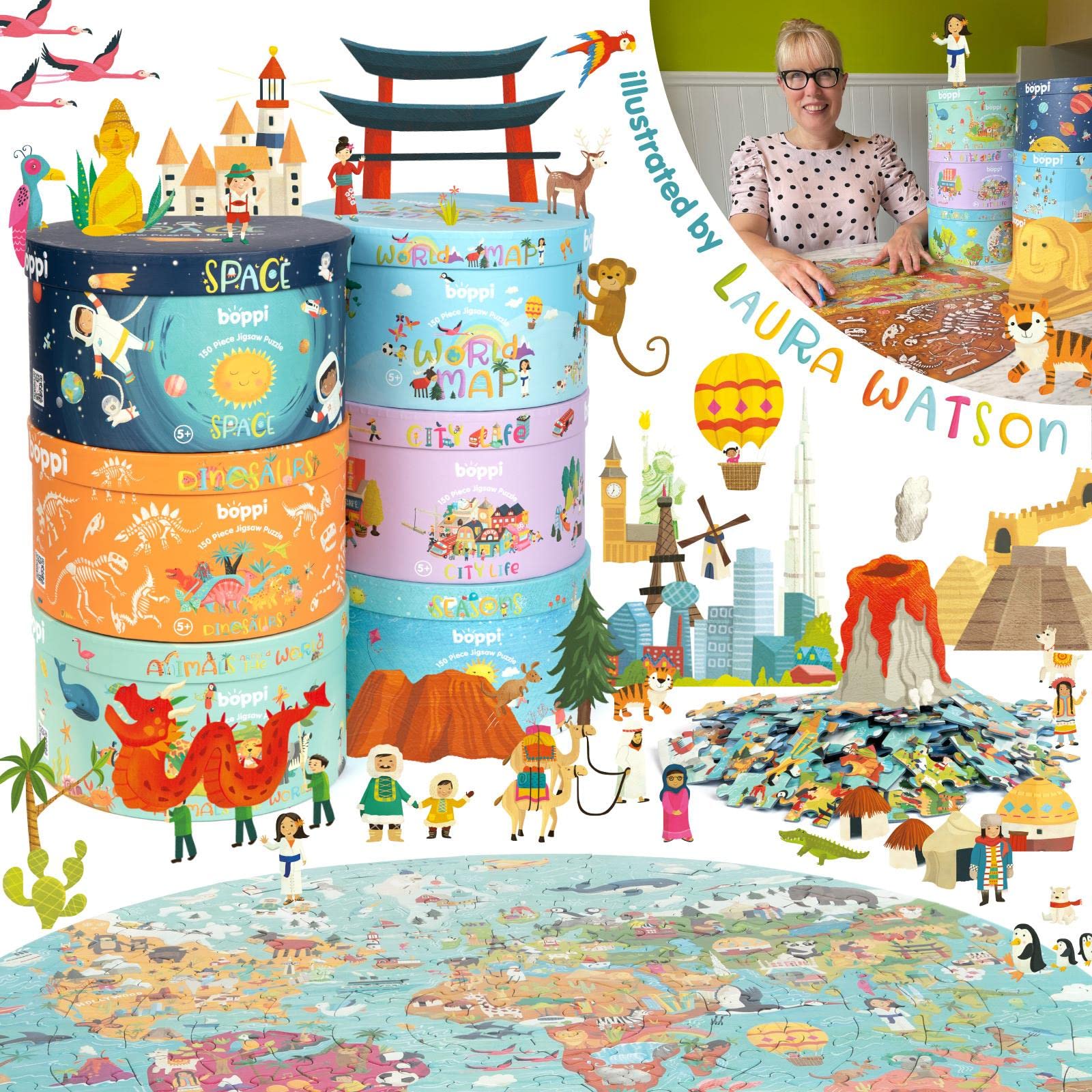 Boppi World Map Round Puzzle close-up shows durable three-layer cardboard pieces