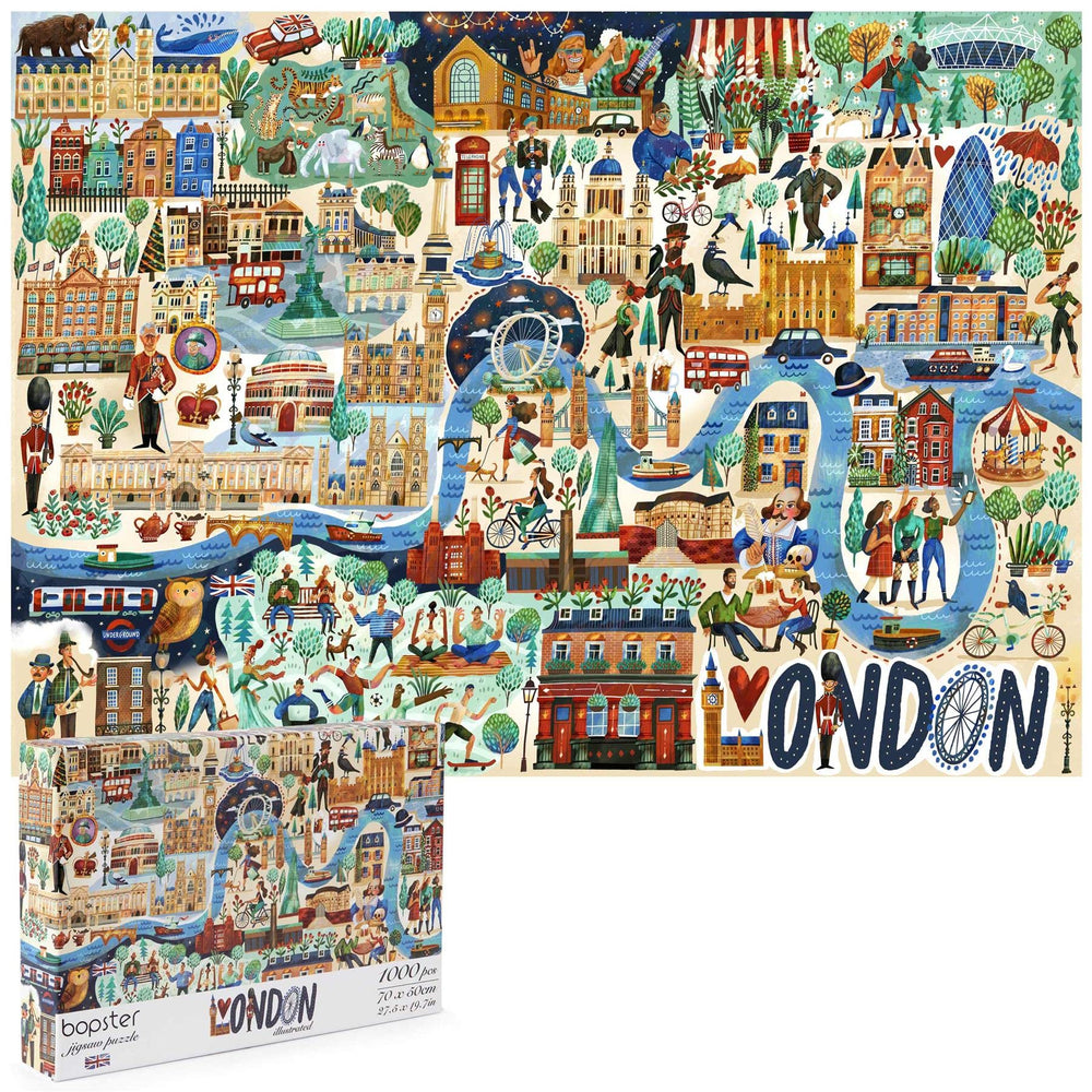 Bopster London Illustrated Puzzle cover featuring iconic scenes for family fun and mindful relaxation.